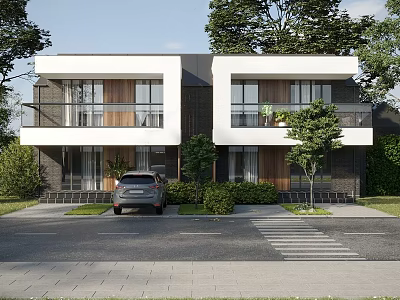 Modern Semi Detached Villa Exterior With Large Windows Greenery Driveway And Car Parked 3d model