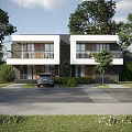 Modern Semi Detached Villa Exterior With Large Windows Greenery Driveway And Car Parked