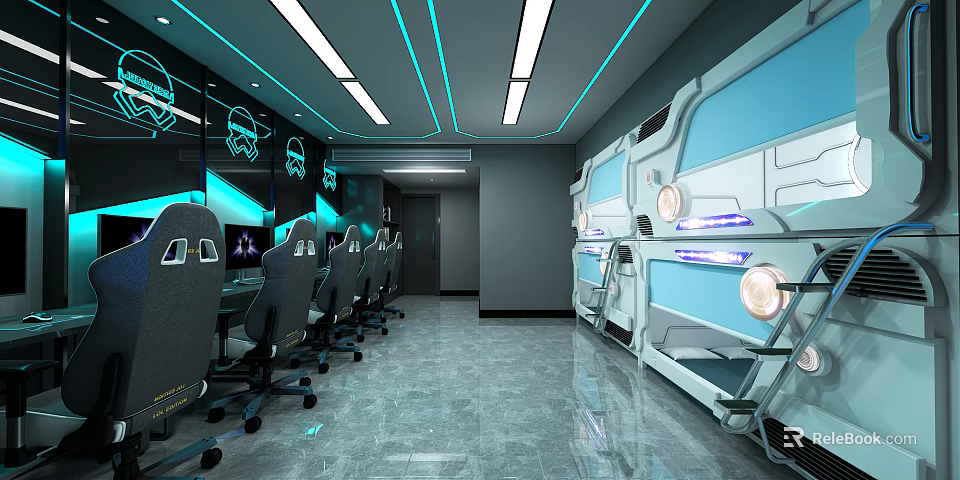 Futuristic Cyber Cafe Interior With Modern Gaming Computers Blue Lighting And Bunk Beds 3d model