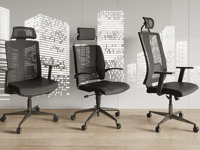 Three Modern Black Office Chairs With Mesh Backrest And Adjustable Headrest 3d model