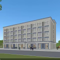 Modern Multi Storey Industrial Building With Large Windows Greenery And Parking Area