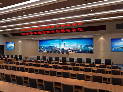 Large Conference Room With Multiple Screens Tables And Digital Meeting Setup 3d model