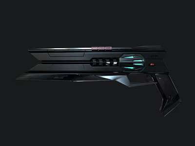 Futuristic Sci Fi Gun Design with Black Body Blue Glowing Lights and Red Accents 3d model