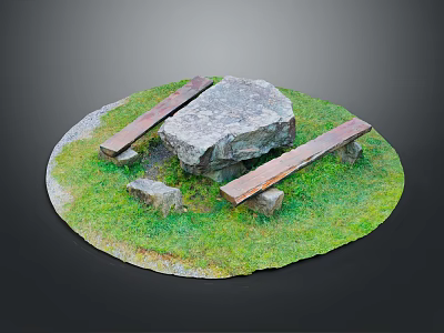 Outdoor Scenic Setting With Circular Grassy Area Large Stone Table And Wooden Benches 3d model