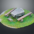 Outdoor Scenic Setting With Circular Grassy Area Large Stone Table And Wooden Benches