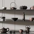 Elegant Ceramic Tea Sets Display On Multi Layered Shelves With Teapots And Cups