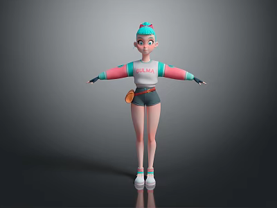Cartoon Girl With Turquoise Hair White BABY Top Pink Blue Sleeves Black Shorts White Sneakers 3d model