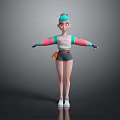 Cartoon Girl With Turquoise Hair White BABY Top Pink Blue Sleeves Black Shorts White Sneakers