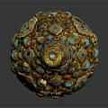 Ancient Golden Weapon with Long Intricate Handle and Spherical Head Inlaid Blue Green Gemstones