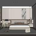 Modern Minimalist Bedroom Interior With Bedhead Background Marble Painting Desk Green Plant And Rug
