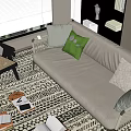 Beige Sofa Set with Green Beige Cushions on Black White Geometric Rug and Rattan Chair
