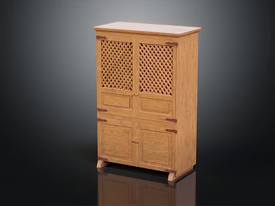 Functional Wooden Entryway Side Cabinet With Lattice Design Doors And Drawer Storage 3d model