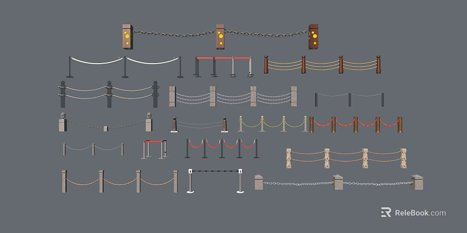 Different Fence Styles Including Chain Rope And Posts In Various Designs 3d model