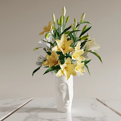White Face Shaped Vase With Yellow And White Lilies And Green Leaves 3d model