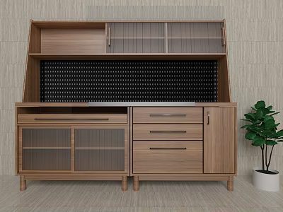 Modern Interior Natural Wood Sideboard with Drawer Glass Door and Potted Plant 3d model