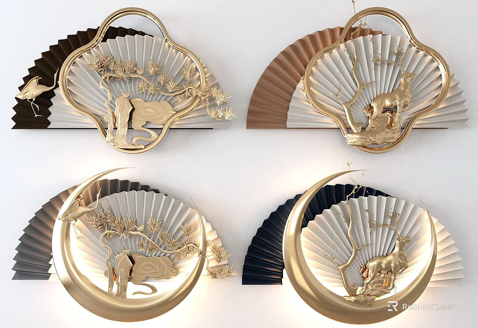 Fan Shaped Wall Decor With Gold Brown Black Animal Tree Modern Hanging Design 3d model 
