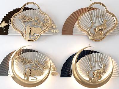 Fan Shaped Wall Decor With Gold Brown Black Animal Tree Modern Hanging Design 3d model