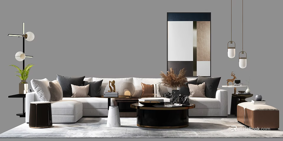 Elegant Modern Sofa Coffee Table Set With Throw Pillows Decorative Pieces Area Rug And Mirror 3d model 