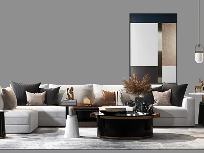 Elegant Modern Sofa Coffee Table Set With Throw Pillows Decorative Pieces Area Rug And Mirror 3d model
