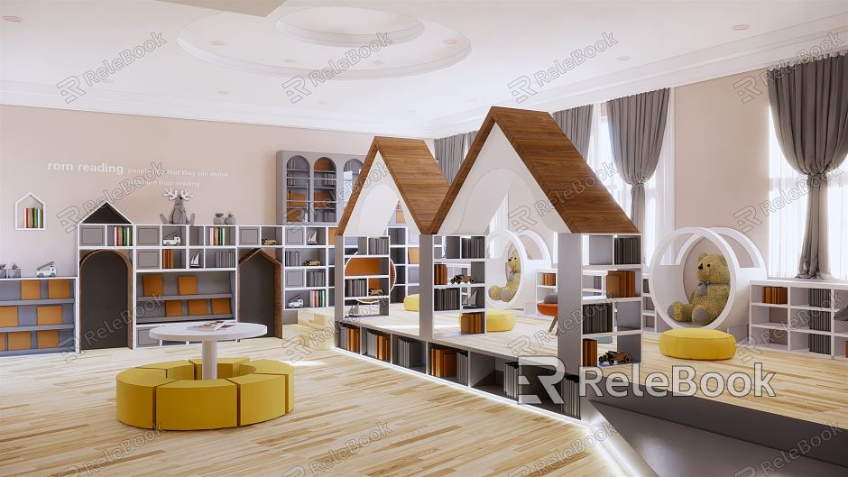 Modern Kindergarten Children's Book Bar Reading Area Children's Indoor Activity Space Kindergarten Library Nursery Training Center model