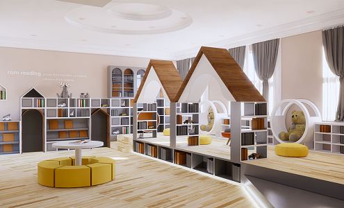 Modern Kindergarten Children's Book Bar Reading Area Children's Indoor Activity Space Kindergarten Library Nursery Training Center 3d model