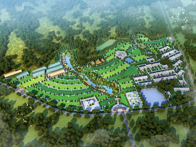 Aerial Planning of Lush Green Integrated Development With Winding Waterways Lakes and Building Layouts 3d model