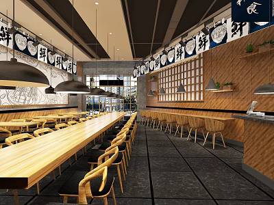 Spacious Restaurant Interior With Long Wooden Tables Wooden Chairs Black Pendant Lights And Decorative Paintings 3d model