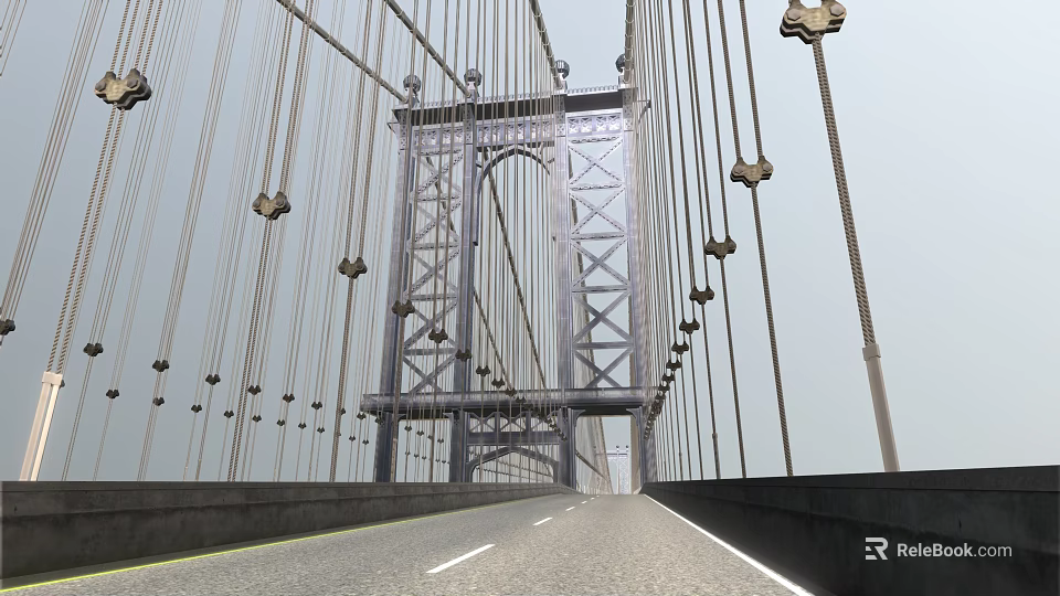 Suspension Bridge Structure Featuring Steel Cables Tower And Road Deck Components 3d model 