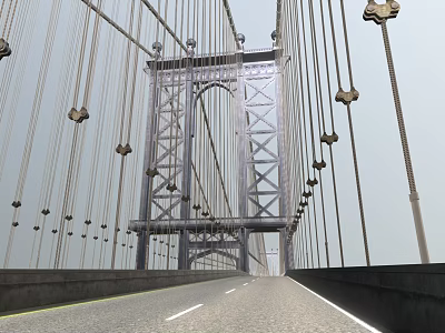 Suspension Bridge Structure Featuring Steel Cables Tower And Road Deck Components 3d model