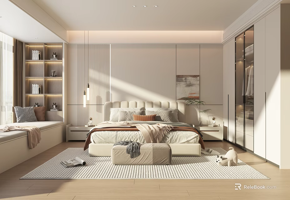 Modern Bright Bedroom Interior With Large Bed Wardrobe Window Seat Shelves Carpet And Decorative Painting 3d model 