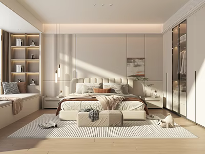 Modern Bright Bedroom Interior With Large Bed Wardrobe Window Seat Shelves Carpet And Decorative Painting 3d model