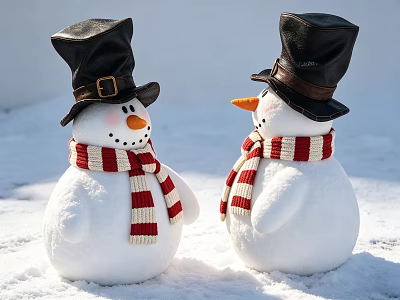 Snowman Ornament Set With Black Top Hats Red And White Striped Scarves In Snowy Scene 3d model