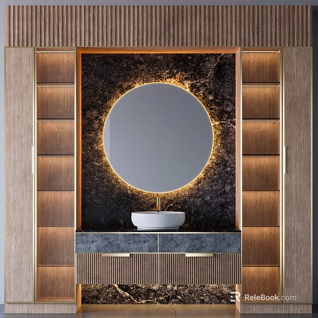 Luxury Modern Bathtub In Bathroom With Round Illuminated Mirror Gold Accents And Gray Marble Countertop 3d model 