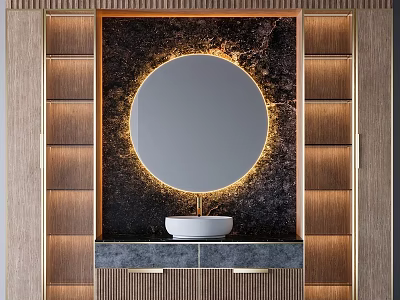 Luxury Modern Bathtub In Bathroom With Round Illuminated Mirror Gold Accents And Gray Marble Countertop 3d model
