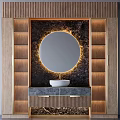 Luxury Modern Bathtub In Bathroom With Round Illuminated Mirror Gold Accents And Gray Marble Countertop