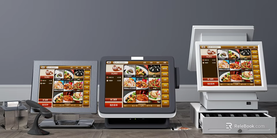 Commercial Restaurant Ordering Equipment With Touch Screen Displays And Menu 3d model 
