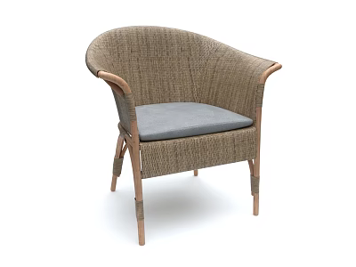 Stylish Rattan Leisure Chair With Curved Armrests Gray Cushion And Wooden Legs 3d model