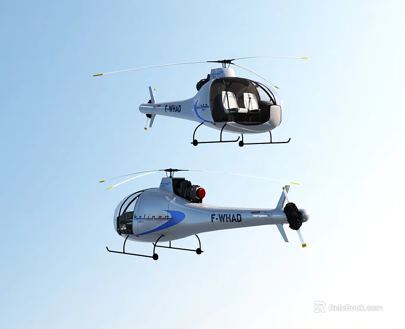 Two White Blue Helicopters Flying High In Clear Blue Sky With Modern Design 3d model 