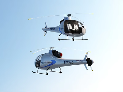 Two White Blue Helicopters Flying High In Clear Blue Sky With Modern Design 3d model