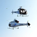 Two White Blue Helicopters Flying High In Clear Blue Sky With Modern Design