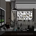 Modern Lounge Area Interior Design With Sofa Coffee Table Display Shelf Pendant Light And Seating 3d model