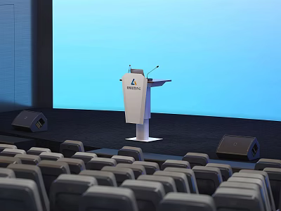 Modern Conference Hall Interior With Podium Blue Background Screen And Rows Of Seats 3d model