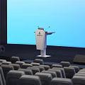 Modern Conference Hall Interior With Podium Blue Background Screen And Rows Of Seats