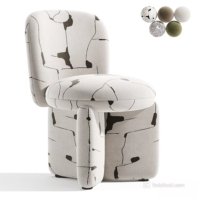 Modern Accent Chair with Abstract Black White Pattern Linen Fabric and Curved Legs Padded Seat 3d model 