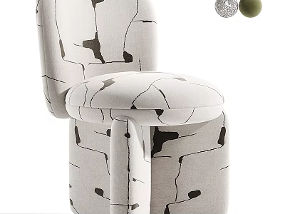 Modern Accent Chair with Abstract Black White Pattern Linen Fabric and Curved Legs Padded Seat 3d model