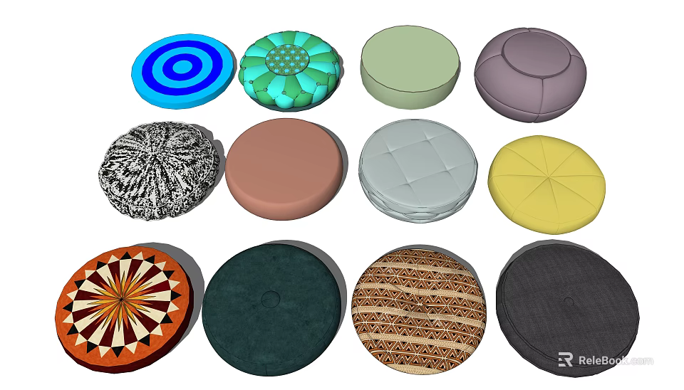 Colorful Round Household Living Cushions with Diverse Patterns and Textures 3d model 