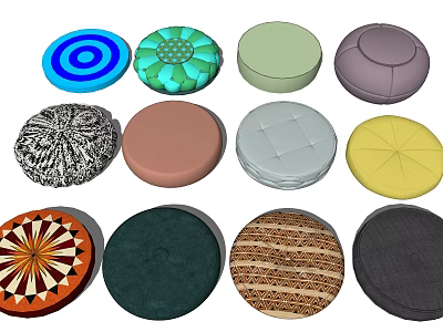 Colorful Round Household Living Cushions with Diverse Patterns and Textures 3d model