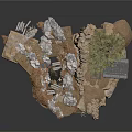 3D Terrain Scene With Rocks Debris Tree And Metal Grid Structure