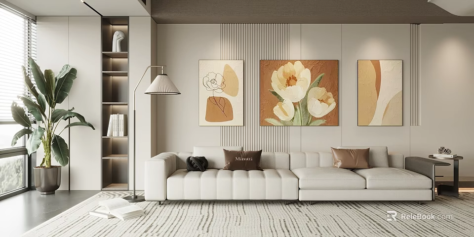 Modern Minimalist Living Room With White Sofa Art Paintings And Floor Lamp 3d model 