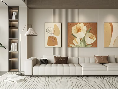 Modern Minimalist Living Room With White Sofa Art Paintings And Floor Lamp 3d model